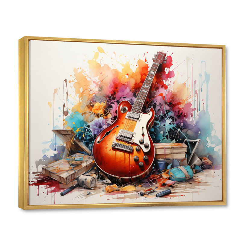 «Dry Watercolor Fire Guitare III», reproduction, H 24 po x l 32 po x P 1 po, Cadre flottant doré