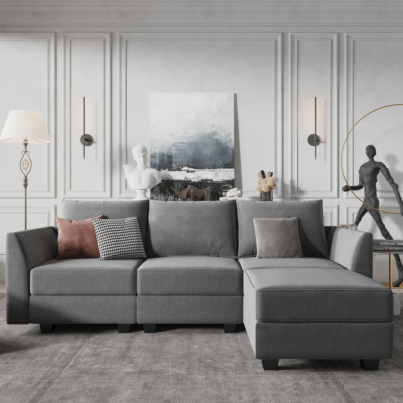 Canapé modulaire en L avec rangement Manusite, 100% polyester gris