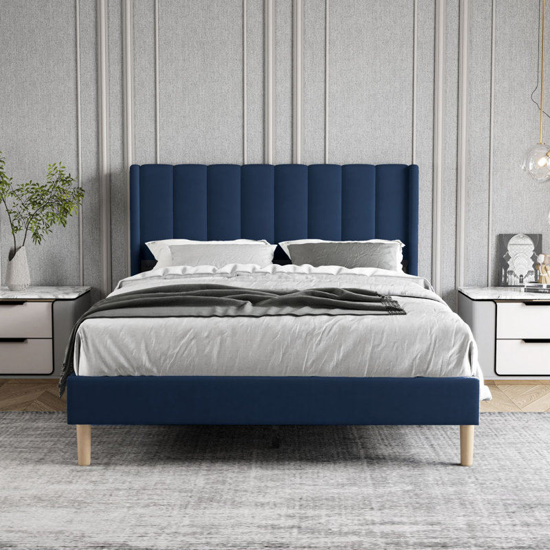 Lit plateforme tapissier, Double, Bleu