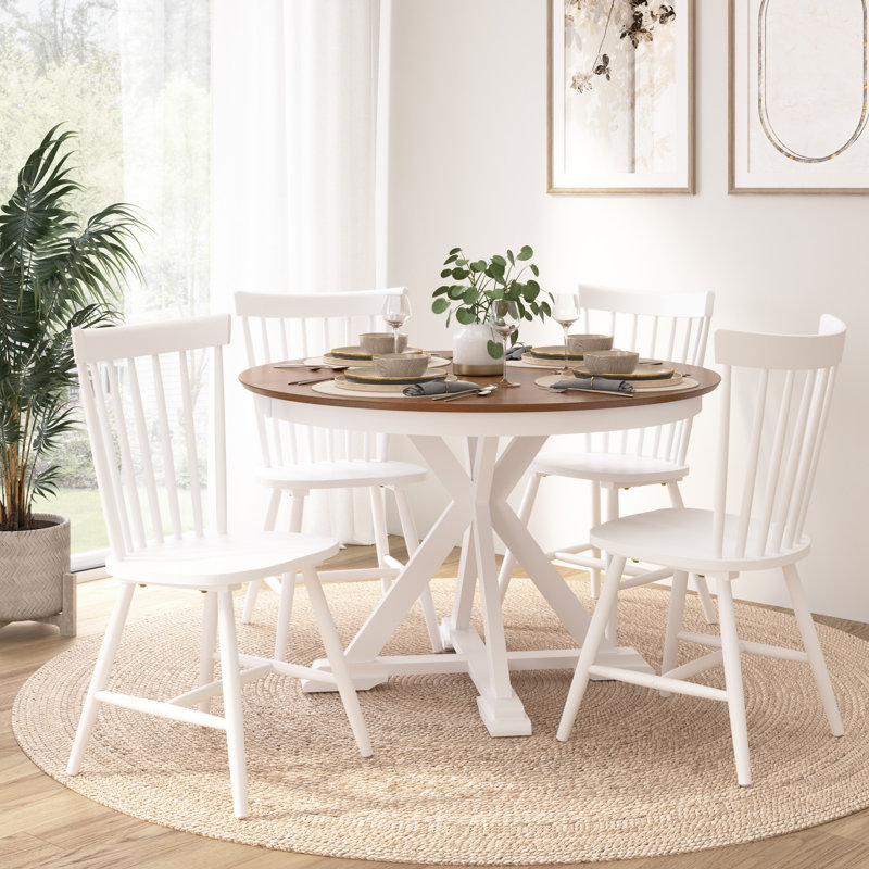 45W Round Trestle Dining Table With 4 High Back Spindle Dining Chairs, White