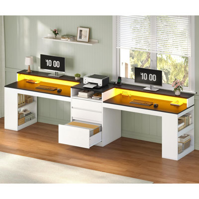 96.6" Two Person Desk With Led Lights And Power Outlet, Double Computer Desk With 3 Drawers, Extra Long Writing Desk Workstation With File Drawer For Home Office, White