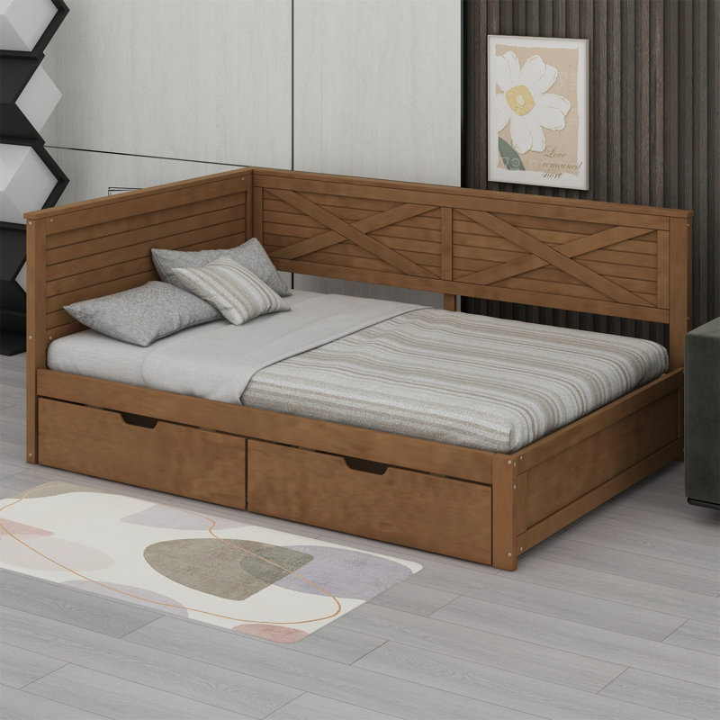 Lit de jour simple en bois avec 2 tiroirs et garde-corps rustique, Brun antique
