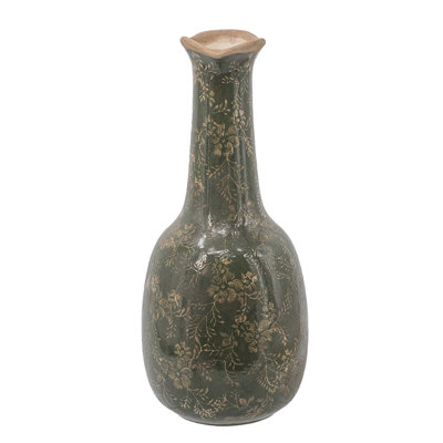 5.9x5.1x12.2" Ceramic Pitcher Vase with Olive Green Finish and Floral Motifs