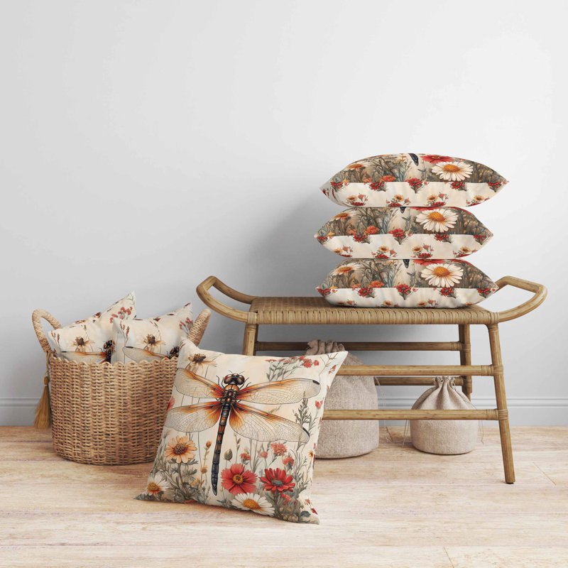 Oreiller en libellule Wildflower, H 26 po x l 26 po, Rouge / Beige