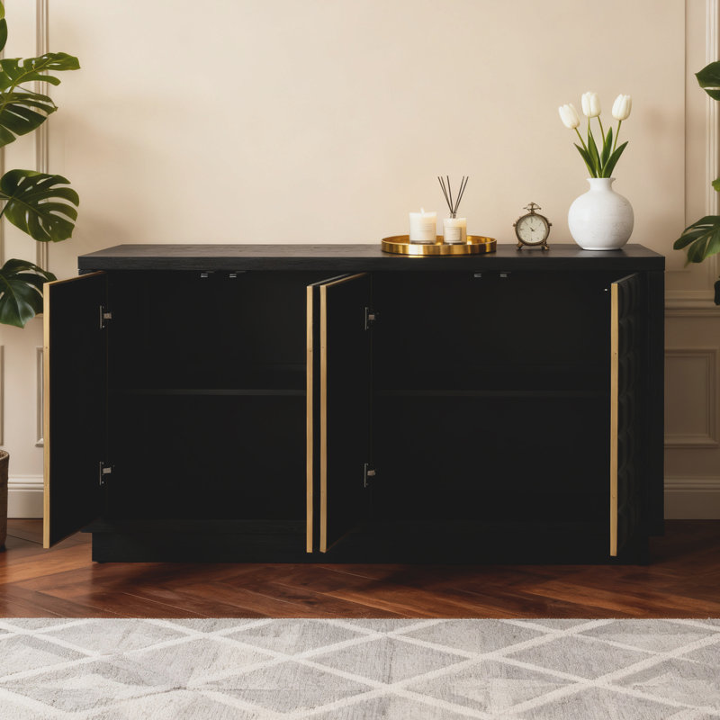 58.5" W 4-Door Sideboard With 3D Geometric Doors, Black