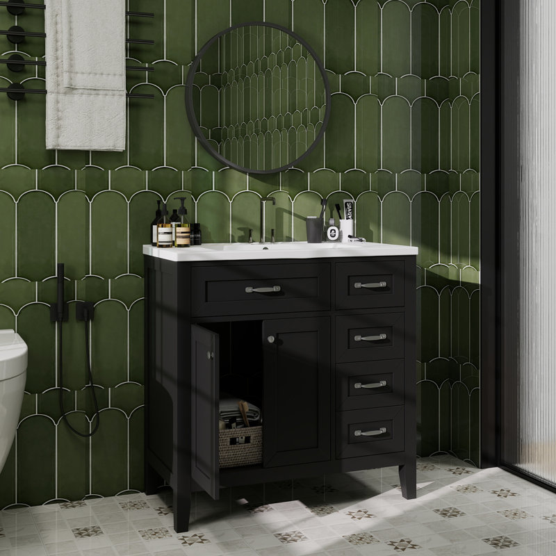 Meuble-lavabo 36 po avec lavabo, armoire de salle de bain avec tiroirs, structure solide et panneau de fibres à densité moyenne