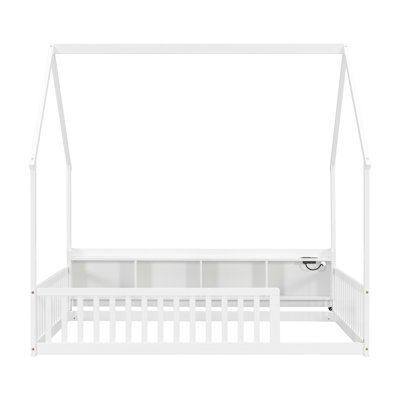 Full House Floor Bed with Storage Shelves,Built-in LED Lights & Charging Station,Pine Wood Floor Bed with Safety Guardrails