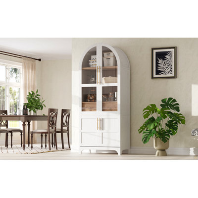 71" Tall Arched Kitchen Pantry Cabinet With Door Shelves, Farmhouse Kitchen Storage Cabinet With Open & Adjustable Shelves
