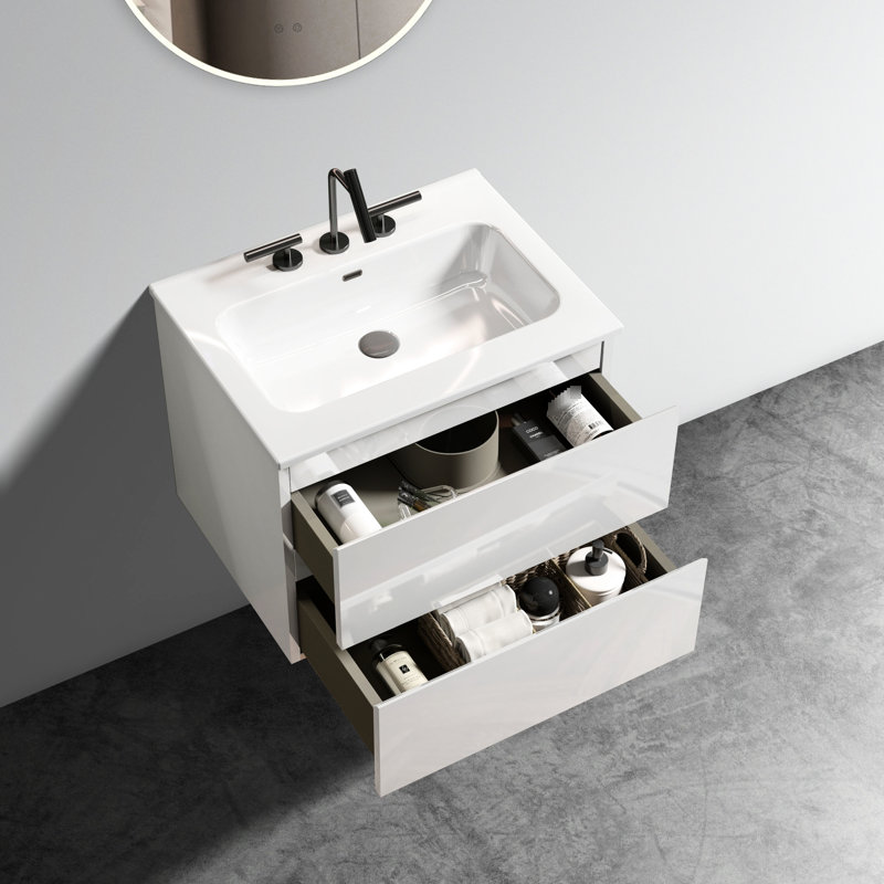 Support pour meuble-lavabo mural blanc brillant 24 po - évier en céramique 3 trous de robinet, volume de rangement généreux, espace moderne silencieux, tiroir
