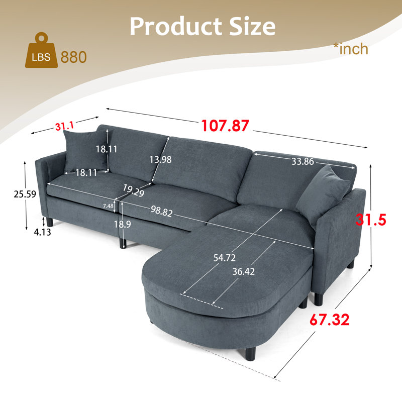 Dayman Upholstered L-Shaped Sectional Reversible, Dark Gray Polyester
