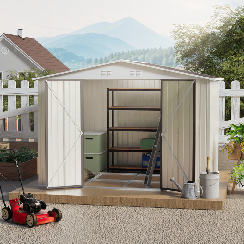 Remise de rangement pour l'extérieur Pent Pent, H 121,23 po x l 96,45 po x P 87,53 po, Blanc, crème