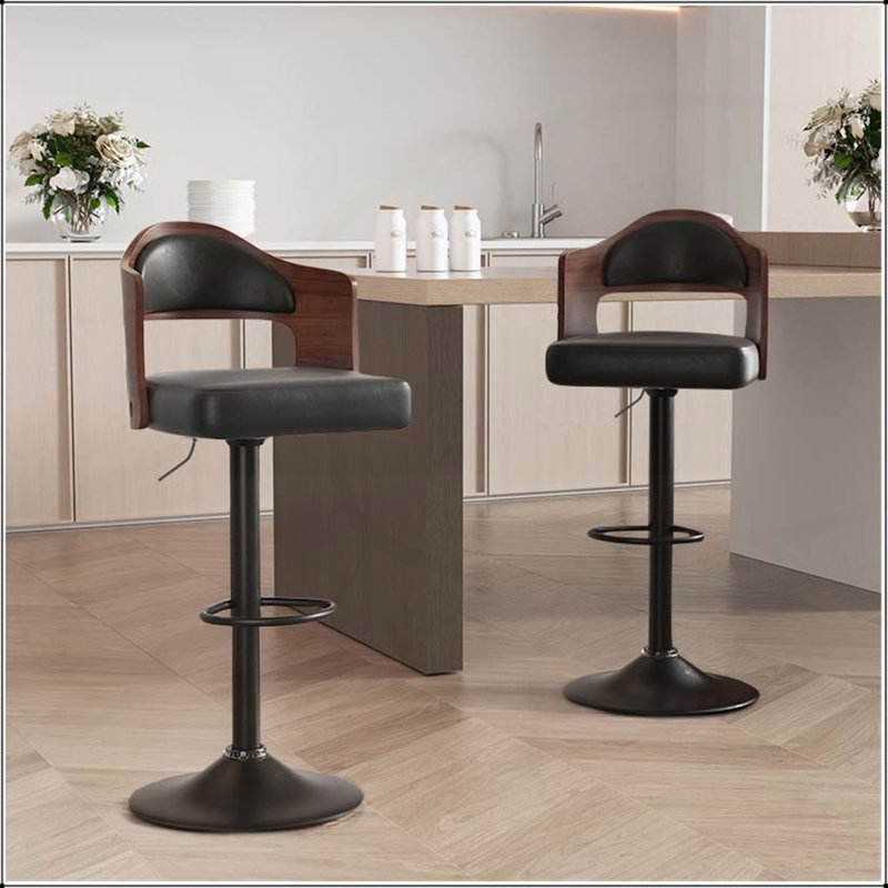 Ensemble de 2 tabourets de bar pivotants à hauteur réglable, revêtus de similicuir, structure en bois, dossier et repose-pieds pour une assise confortable dans la cuisine ou le bar