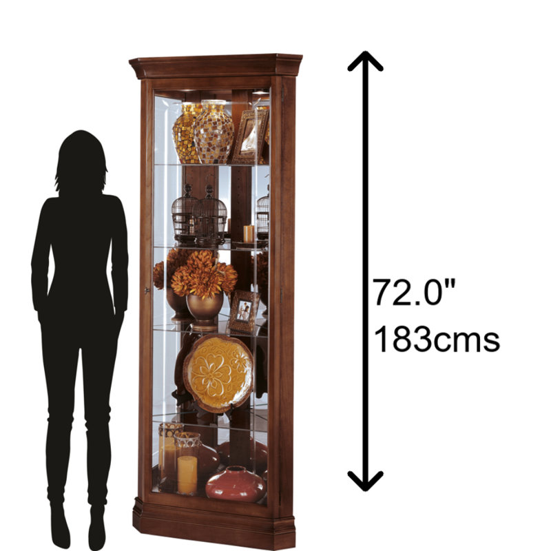 Lynwood Corner Curio Cabinet, Windsor Cherry Finish, Crystal-Cut Grooved Glass, Mirrored Back, 4 Shelves