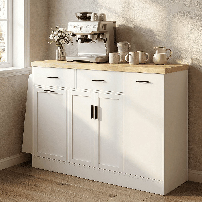Kitchen Island Cabinet, Sideboard With Pull-Out Trash Bin, Sliding Doors & 3-Tier Spice Organizer, White