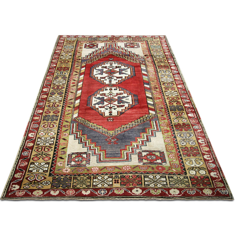 One-of-a-Kind Hand-Knotted 1960s 5'3" x 8'6" Wool Area Rug in Red/White/Beige/Gray
