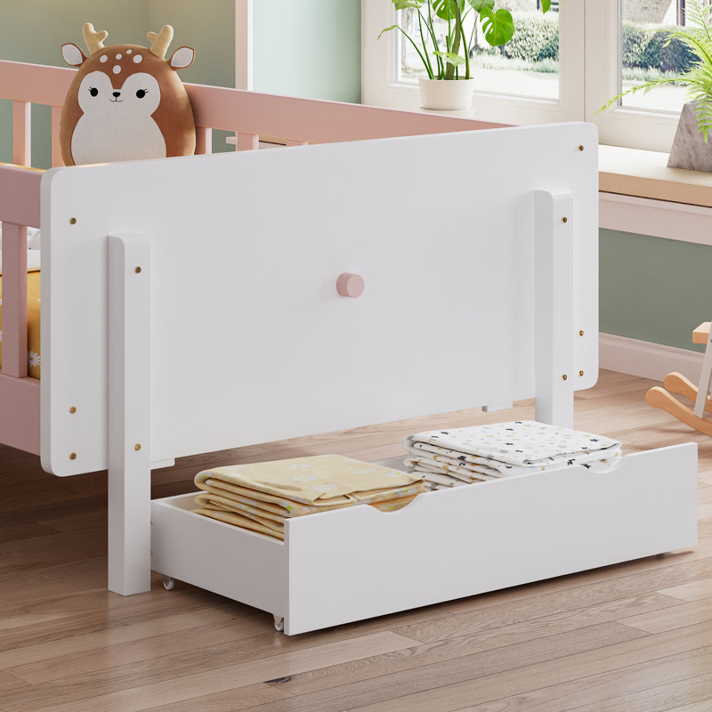 White & Pink Kids Rabbit Storage Bed with Guardrail & Drawer, 3ft (90 x 190cm) Pine & MDF Frame with