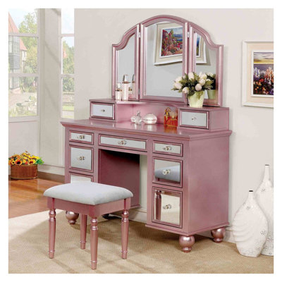 Transitional Rose Gold Vanity Table with Stool and 3-Sided Mirror, 5-Drawer Storage Dressing Set