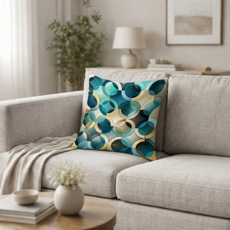 Geometric Printed Throw Pillow - Teal And Golden Modern Geometric Tiles Accent Pillow, 16"H x 16"W