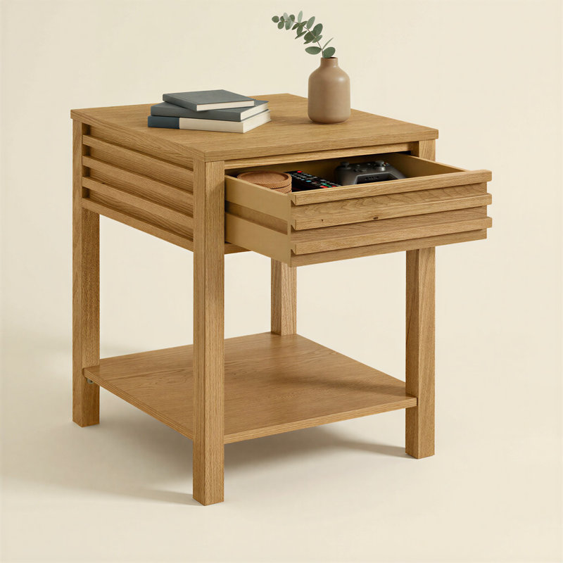 Charnay 20” Square Wood End Table With Drawer And Shelf, Light Oak