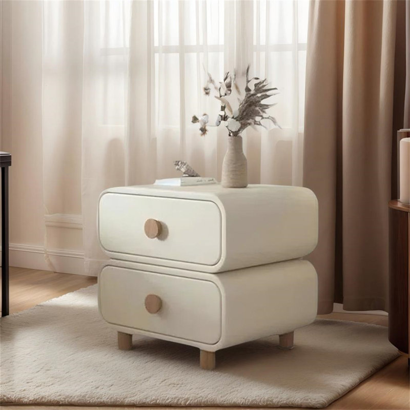 Modern Cream-Style Nightstand with Double Drawers | Solid Wood Frame + Leather Surface, Bedroom Bedside Storage Cabinet