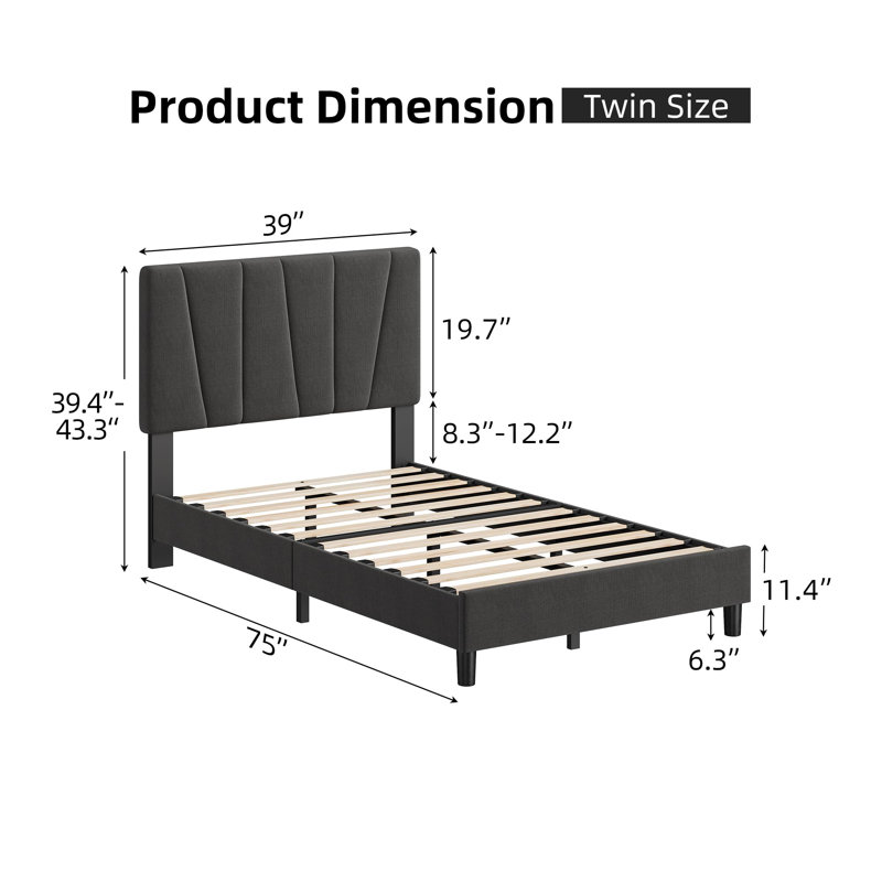 Cadre de lit avec tête de lit réglable, lit plateforme tapissier en lin avec tête de lit, Lit simple, Gris foncé