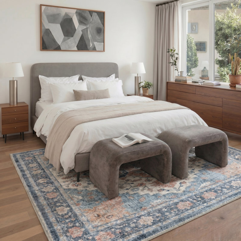 Astra Blue / Orange Indoor Oriental Performance Area Rug,Machine Washable,with Non-Slip Backing, Round 5'