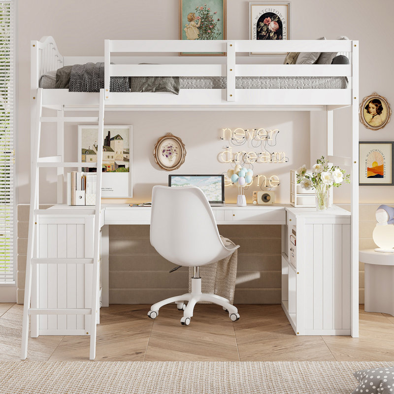 Lit mezzanine simple avec tiroirs, armoire, tablettes et bureau, lit mezzanine en bois avec bureau