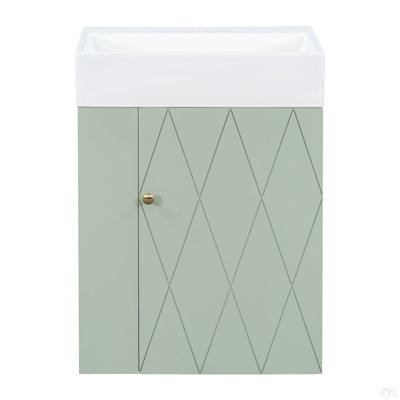 20 Inch Bathroom Vanity With Ceramic Sink, Diamond Pattern Door Design, Gold Handle & Side Storage Shelves – Modern Small Space Cabinet With Towel Bar, MDF Construction, Assembly Required