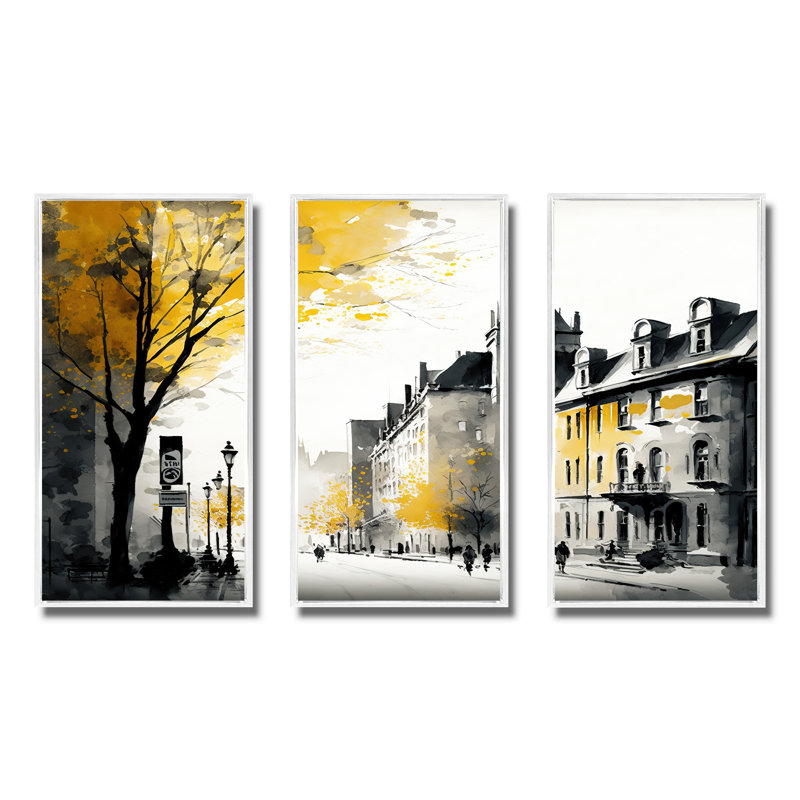 Vieux paysage urbain du Québec I - impression 3 pièces, H 32 po x l 48 po x P 1 po, Cadre blanc