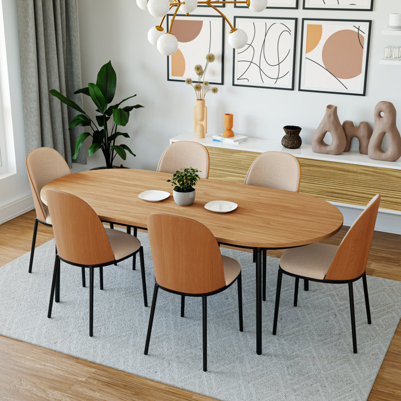 Kelce 6 Person 71" Oval Dining Table Set with Modern Upholstered Chairs, Natural Wood, Natural Wood/Brown