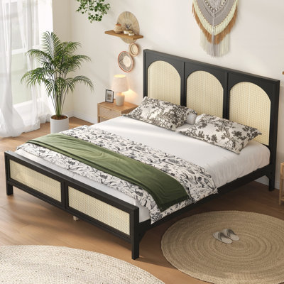 King Size Wood Platform Bed with Rattan Headboard and Footboard