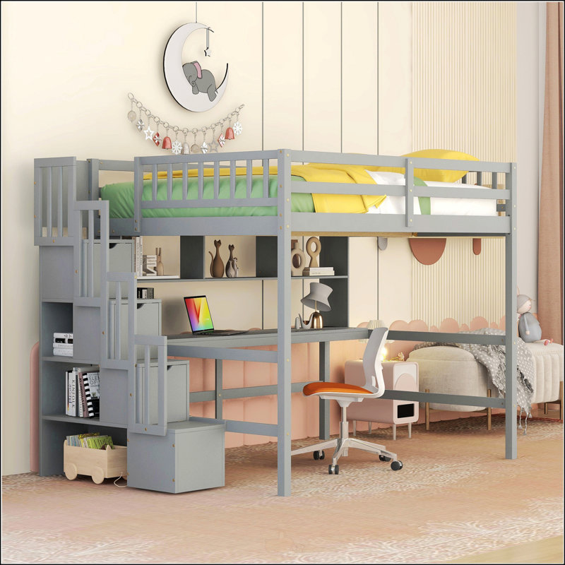 Lit mezzanine double avec bureau intégré, Gris
