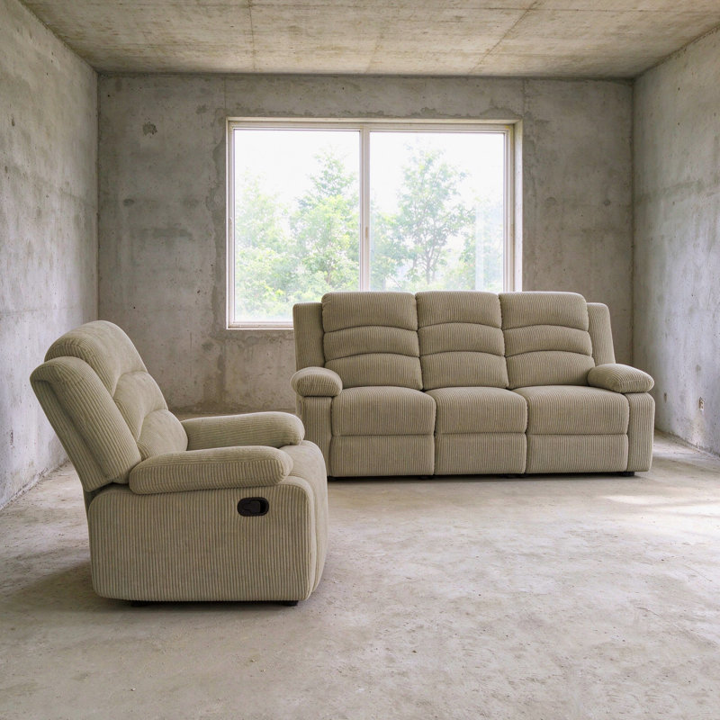 2-Piece Manual Reclining Living Room Set with Sofa and Recliner Chair, Corduroy, Oatmeal