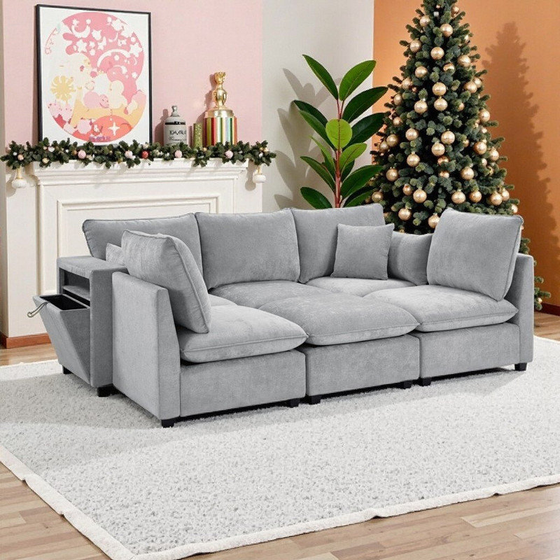 Canapé modulaire modulaire avec rangement et ports USB Revêtement en chenille configurable en L ou en U, Gris