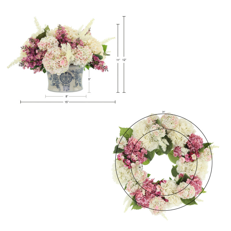 Couronne de printemps et centre de table 24 po avec renoncules et hortensias