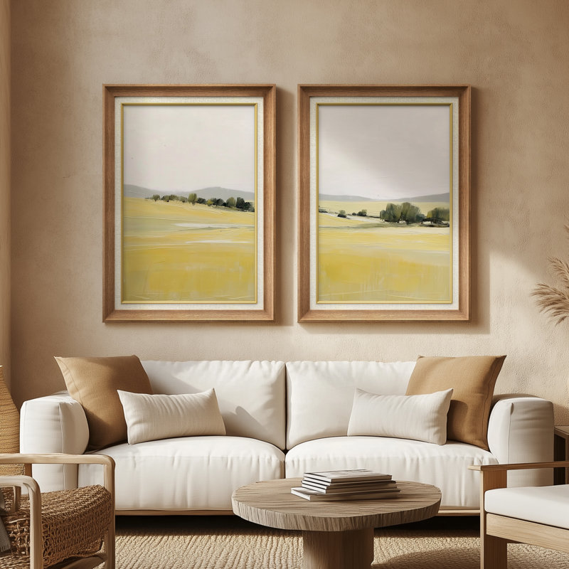 «Meadow Fields Bright Serene Landscape», ensemble de 2 reproductions d'art encadrées sur papier de qualité supérieure 26 po x 36 po