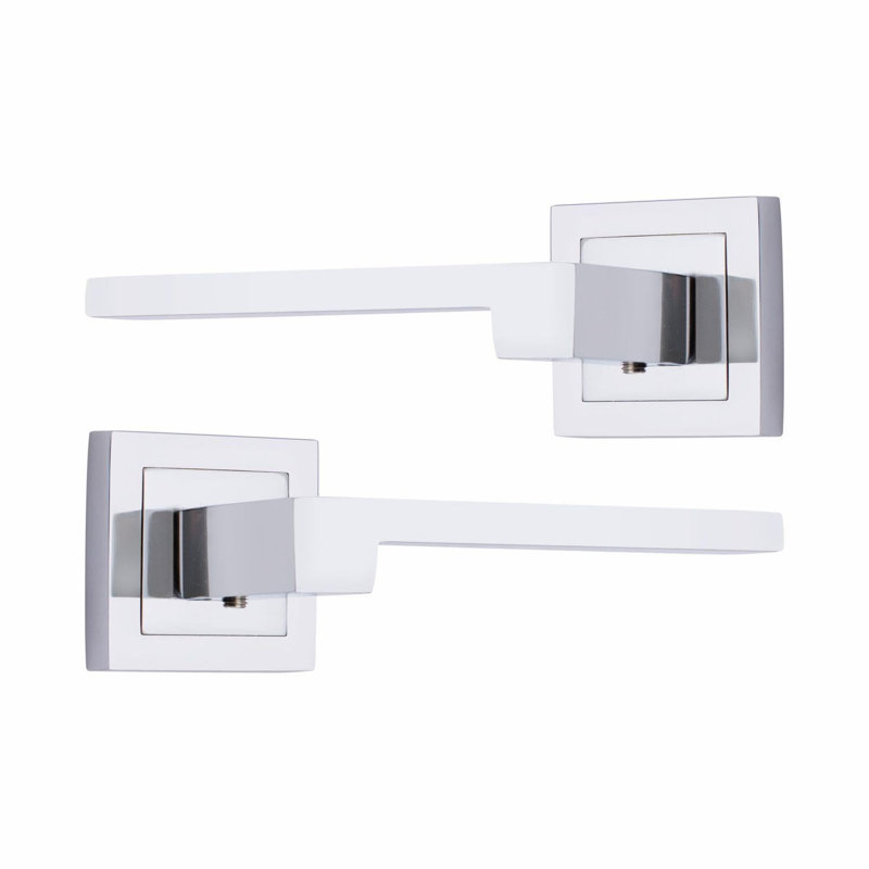  Zeta Premium Design Door Handles Set on Square Rose in Polished Chrome Finish with 2.5" 3 Lever Lock and Keyhole Escutcheon