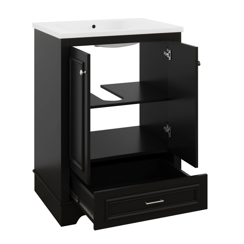 Meuble-lavabo 24 po avec lavabo, meuble-lavabo moderne en bois avec poignées argentées et 1 tiroir inférieur, Noir
