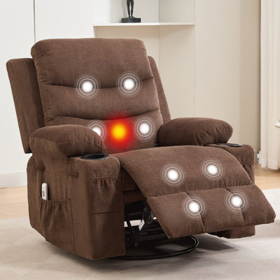 Fauteuil inclinable surdimensionné avec massage et chaleur, fauteuil berçant pivotant à 360 °, inclinable manuellement, porte-gobelet, poches de rangement, fauteuil d'appoint confortable pour le salon, la chambre à coucher - Lin | Brun