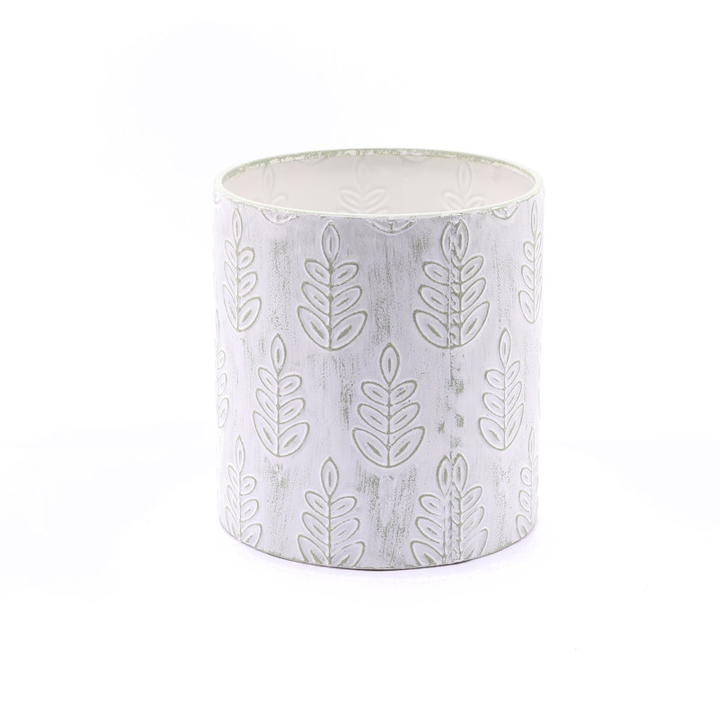 Ingund 23" Modern Metal Planter Set with Stand, White Sage Leaf Pattern Indoor Cache Pots, Set of 2
