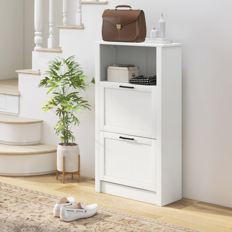 Shoe Storage Cabinet With Open Compartment And 2 Flip Drawers Shoe Cabinet, Open Cabinet