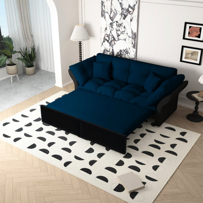 74.8" Convertible Sleeper Bed, Blue Velvet, 3 - In 1 Function, 2 Pillows, Frame, Quick Setup Velvet Soft , Space Saving Design
