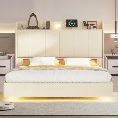 Multi-function Floating Bed, Modern Upholstered Platform Bed with USB ports, Storage Headboard and Touch Sensor Night Light by Ivy Bronx