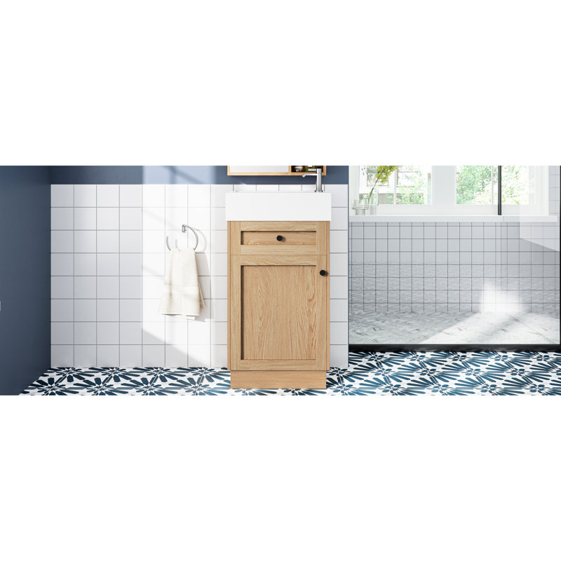 Meuble-lavabo rustique de 18,5 po, lavabo réversible en résine, armoires construites, tablettes réglables pour optimiser l'espace, poignées, finition grain de bois, portes de style rustique à fermeture en douceur