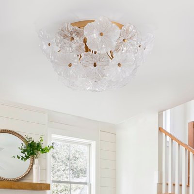 Plafonnier Frieda moderne à 4 lumières, 49,5 cm (19,5 po), en laiton brossé et verre transparent, forme de fleur.