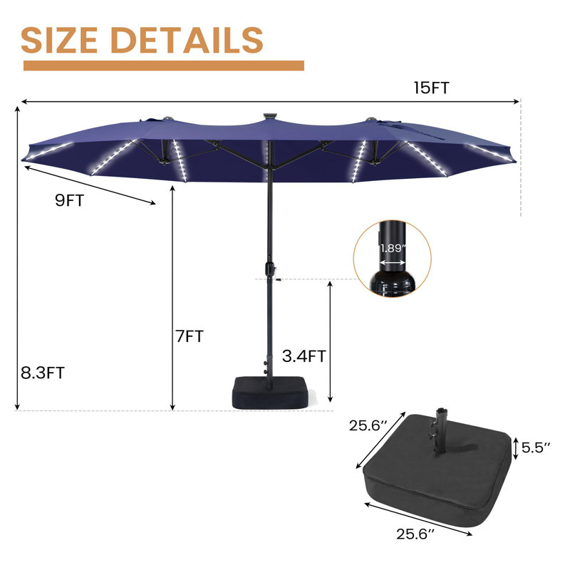 Parasol de marché solaire à DEL avec base 144 en fibre de verre 180 po x 105 po Tyleia, Marine