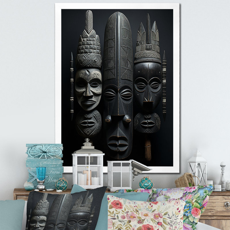 Laesha African Mask On Canvas Print, White Single Picture Frame, 40" H x 30" W x 1.5" D