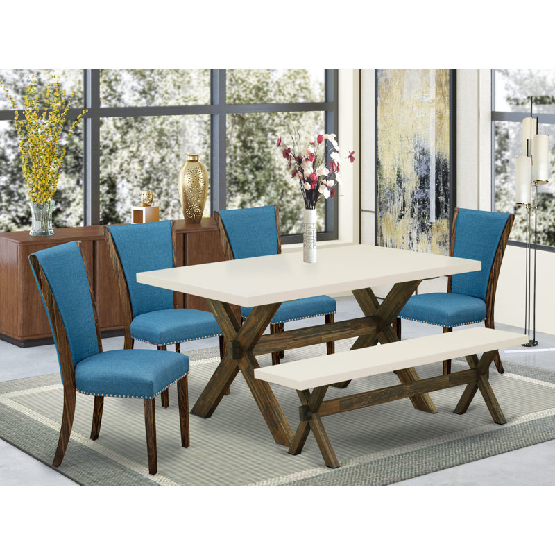 6 Piece Dining Table Set Contains a Rectangle Dining Room Table and 4 Blue Color Linen Fabric Upholstered Chairs with a Bench, Distressed Jacobean Finish