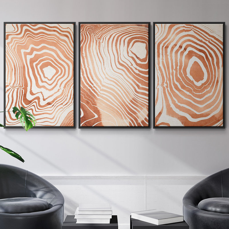 Ensemble de 3 pièces encadrées sur toile Suminagashi I à grain de bois, Noir, H 27 po x l 54 po