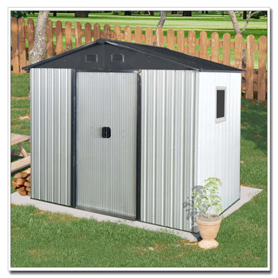 8ft x 4ft Outdoor Metal Storage Shed with Window and Metal Foundation for Backyard, Patio, Lawn --White and Black